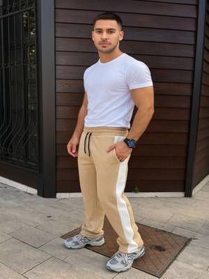 Efnaz Style Erkek Üç Iplik Kışlık Pamuklu Yandan Garneli Kalın Şeritli Cepli Eşofman Altı - Bej