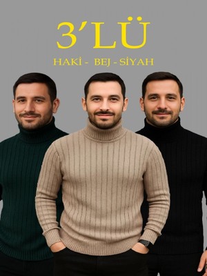 Efnaz Style Erkek Fitilli Triko Kazak 3lü Set Bej Haki Siyah Regular Balıkcı Yaka Tam Boğazlı Triko Seti Modeli Kazak