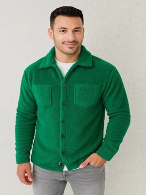 Efnaz Style Erkek Pelüş Polar Hırka Gömlek – Yakalı, Ilik Düğmeli, Göğüs Cepli, Yumuşak Dokulu Kışlık Regular Fit Rahat Günlük Model - Çimen Yeşili