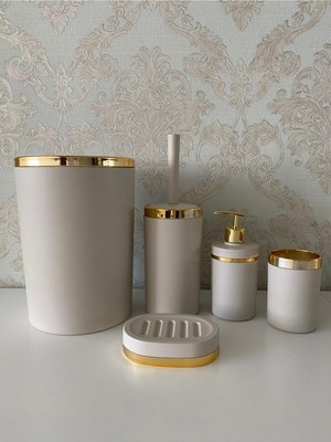 PremiumPort Şık 5 Parça Gold Mat Banyo Seti: Wc Fırçalık, Sabunluk, Çöp Kovası, Diş Fırçalık