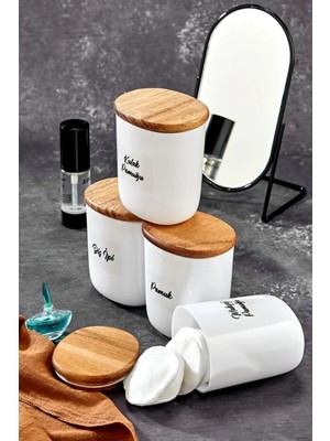 PremiumPort 4'lü Ahşap Kapaklı Akrilik Diş Ipi ve Pamuklu Banyo Seti