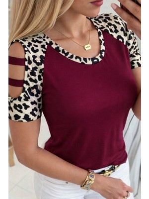 Cottonlab Kadın Kısa Kollu Yuvarlak Yaka Kollarda Şerit Detaylı Leoparlı Viskon Bluz