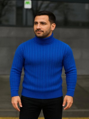 Efnaz Style Erkek Balıkcı Yaka Bağazlı Triko Kazak Pamuklu Kalın Fitilli Dokuma, Regular Fit Uzun Kollu Kışlık Model - Saks Mavisi