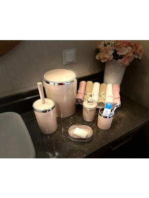 PremiumPort Akrilik Yuvarlak 5 Parça Mermer Desenli Banyo Seti Pembe-Gri