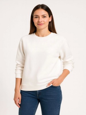 Efnaz Style Üç Iplik Düz Bisiklet Yaka Sweatshirt - Beyaz