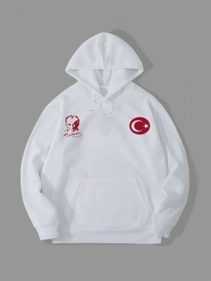 Efnaz Style 10 Kasıma Özel Üç Iplik Kapşonlu Baskılı Sweatshirt - Beyaz
