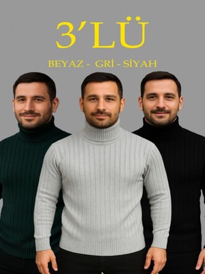 Efnaz Style Erkek Fitilli Triko Kazak 3lü Set Gri Haki Siyah Regular Balıkcı Yaka Tam Boğazlı Triko Seti Modeli Kazak