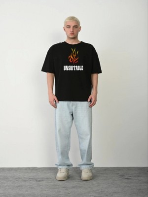 Efnaz Style Unisex Bisiklet Yaka Baskılı Oversize T-Shirt - Siyah