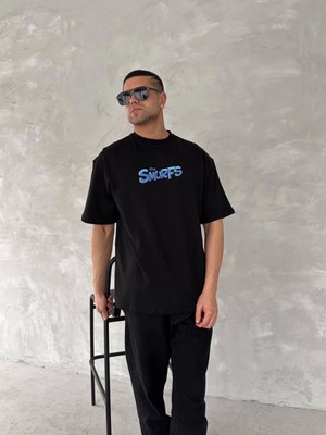 Efnaz Style Ön ve Arka Baskılı Oversize Bisiklet Yaka T-Shirt- Siyah