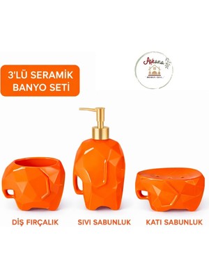 PremiumPort Turuncu Seramik Fil Figürlü Banyo Seti, Diş Fırçalık ve Sabunluklar