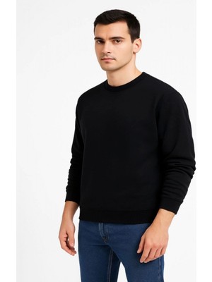 Efnaz Style Erkek Üç Iplik Düz Bisiklet Yaka Sweatshirt - Siyah