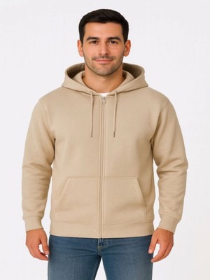 Efnaz Style Erkek Üç Iplik Kapüşonlu Tam Fermuarlı Kanguru Çepli Sweatshirt Hoodie - Bej
