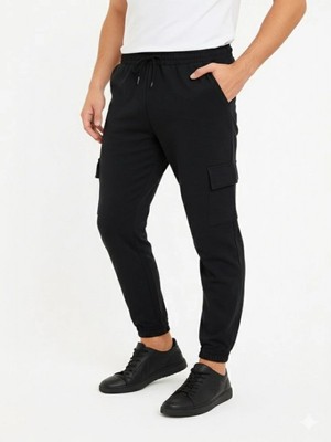 Efnaz Style Erkek Siyah Jogger Eşofman Altı Rahat Kalıp, Kargo Cepli, Lastikli Paça, Günlük Spor Pantolon - Siyah