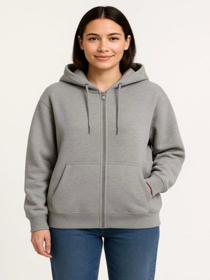 Efnaz Style Üç Iplik Kapüşonlu Tam Fermuarlı Kanguru Çepli Sweatshirt Hoodie - Gri