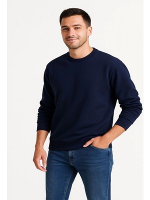Efnaz Style Erkek Üç Iplik Düz Bisiklet Yaka Sweatshirt - Lacivert