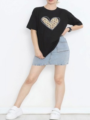 Efnaz Style Sevgililer Günü Için Özel Tasarım Leopar Kalp Baskılı T-Shirt - Siyah