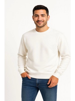 Efnaz Style Erkek Üç Iplik Düz Bisiklet Yaka Sweatshirt - Beyaz