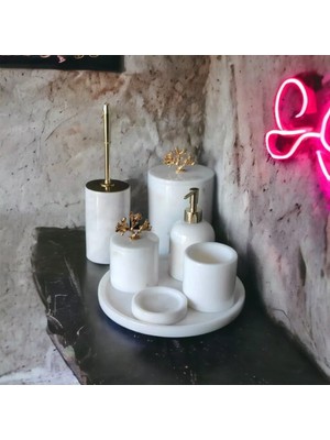 PremiumPort Şık Mermer Banyo Seti, 7 Parça, Sıvı Sabunluk, Diş Fırçalık, Havlu Tepsisi