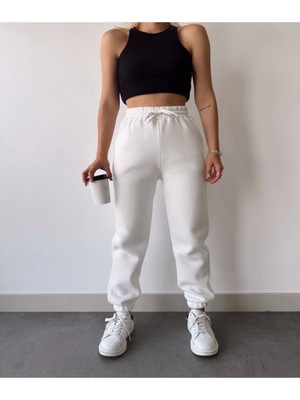 Efnaz Style Üç Iplik Basic Lastikli Eşofman Pantolon - Beyaz