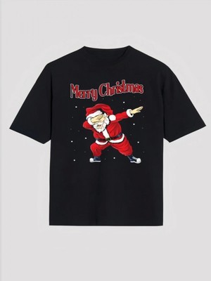 Efnaz Style Merry Christmas Baskılı Noel Babalı T-Shirt - Siyah