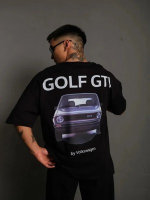 Efnaz Style Erkek Oversize Baskılı Tişört – Golf Gtı Retro Araba Desenli, Ön - Arka Dijital Baskı, Sokak Modası Stil - Siyah