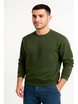 Efnaz Style Erkek Üç Iplik Düz Bisiklet Yaka Sweatshirt - Haki