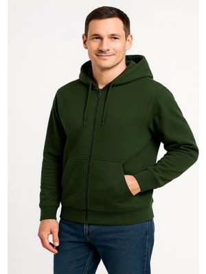 Efnaz Style Erkek Üç Iplik Kapüşonlu Tam Fermuarlı Kanguru Çepli Sweatshirt Hoodie - Haki