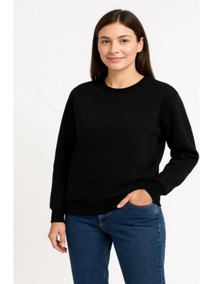 Efnaz Style Üç Iplik Düz Bisiklet Yaka Sweatshirt  - Siyah