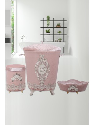 PremiumPort Kadife Çeyizlik Dantelli Banyo Kirli Çamaşır Sepeti Seti (3’lü)