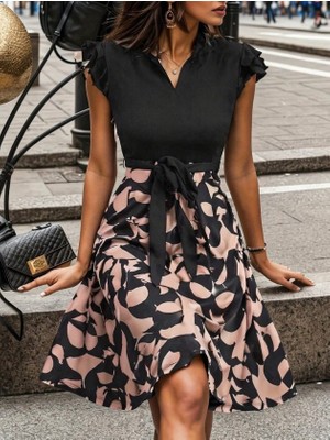 Deridün Yıldız Shoes Kadın Kısa Kollu Kolu Fırfır Detay Mini Kuşaklı Kloş Krep Elbise