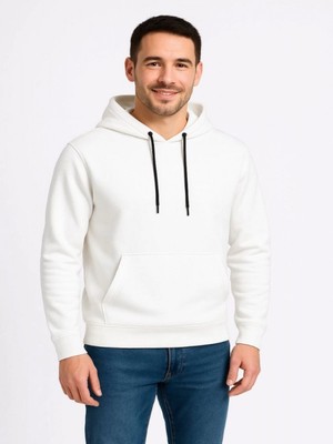 Efnaz Style Erkek Üç Iplik Kapüşonlu Kanguru Cepli Sweatshirt Hoodie - Beyaz