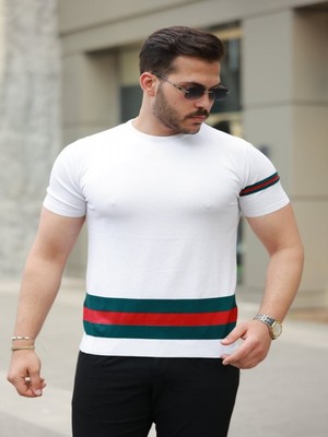Efnaz Style Erkek Bisiklet Yaka Bel ve Kol Şerit Desenli Kısa Kollu Tişört