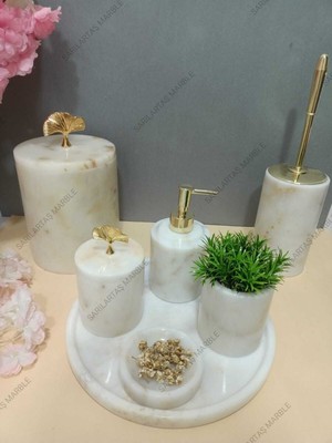 PremiumPort Beyaz Afyon Şeker Mermer Banyo Seti, Yaprak Aksesuar Detaylı