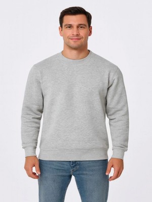 Efnaz Style Erkek Üç Iplik Düz Bisiklet Yaka Sweatshirt - Gri