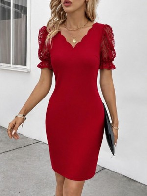 Infivento Kadın Kısa Kollu Dantelli V Yakalı Yanlardan Büzgülü Çapraz Detaylı Ithal Krep Elbise