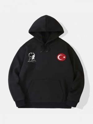Efnaz Style 10 Kasıma Özel Üç Iplik Kapşonlu Baskılı Sweatshirt - Siyah