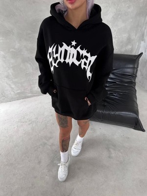 Efnaz Style Unisex Üç Iplik Kapşonlu Baskılı Sweatshirt - Siyah