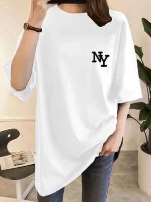 Efnaz Style Baskılı Oversize Bisiklet Yaka T-Shirt - Beyaz