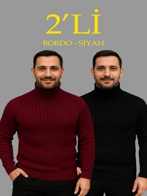 Efnaz Style Erkek Fitilli Triko Kazak 2li Set Bordo Siyah Regular Balıkcı Yaka Tam Boğazlı Triko Seti Modeli Kazak