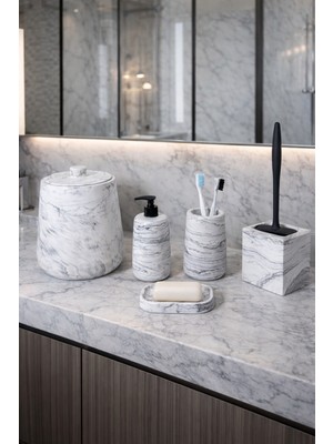 PremiumPort Şık Mermer Desenli Banyo Seti: Çöp Kovası, Silikon Fırça, Sabunluk, Diş Fırçalık