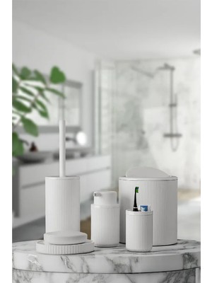PremiumPort Banyo 5'li Seti, Beyaz Çizgili, Akrilik, Çöp Kovası, Wc Fırçalık, Sabunluk