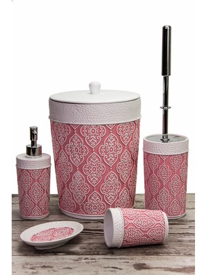 PremiumPort Şık Dantel Pembe 5 Parça Polyester Banyo Seti