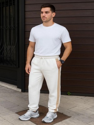 Efnaz Style Erkek Üç Iplik Kışlık Pamuklu Yandan Garneli Kalın Bej Şeritli Cepli Eşofman Altı - Beyaz