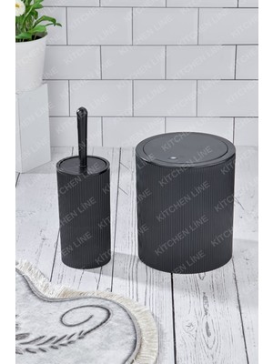 PremiumPort Şık Yuvarlak Çöp Kovası ve Tuvalet Fırçası Seti, Siyah Banyo Aksesuarları