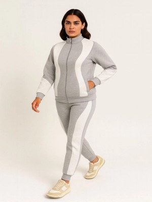 Efnaz Style Premium Parçalı Eşofman Takım - Dik Yaka Fermuarlı Sweatshirt - Gri
