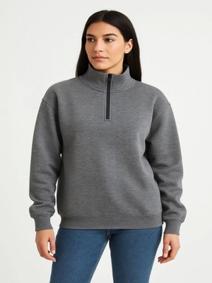 Efnaz Style Üç Iplik Dık Yaka Yarım Fermuarlı Sweatshirt - Antrasit
