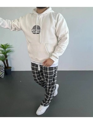 Efnaz Style Erkek Oversize Üç Iplik Kapüşonlu Sweatshirt – Beyaz Ön Baskılı, Kanguru Cepli, Rahat Kalıp, Içi Pamuklu Model