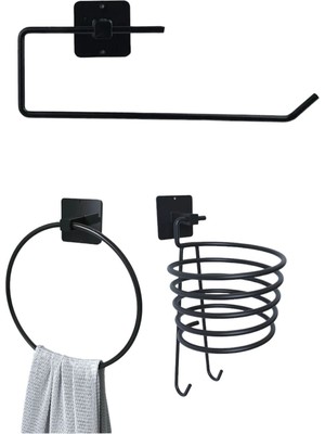 PremiumPort Yapışkanlı Kağıt Havluluk, Yuvarlak Havlu Tutucu ve Fönlük Seti