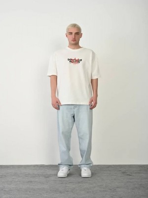 Efnaz Style Unisex Bisiklet Yaka Baskılı Oversize T-Shirt - Beyaz