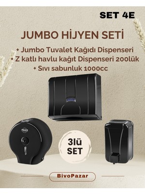 PremiumPort 3’lü Jumbo Hijyen Seti Siyah – Sıvı Sabunluk, Wc Dispenseri, Z Katlı Havlu Dispenseri
